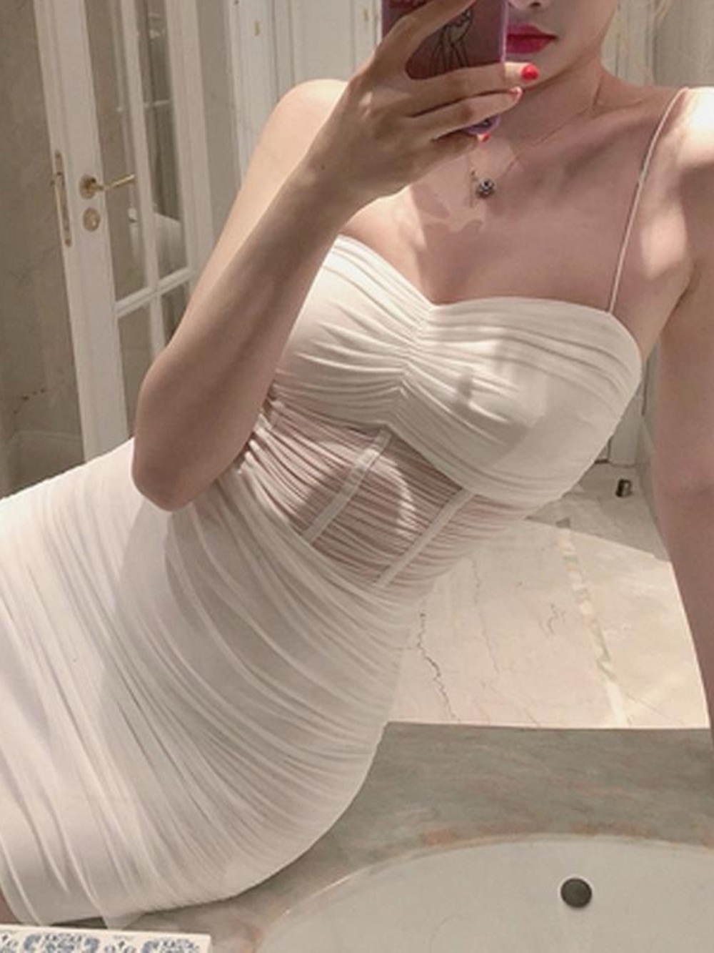 Elegant White Ruched Mesh Bodycon Dress